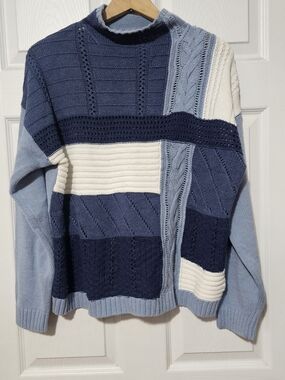 Chaps 90s Patchwork Colorblock Cable Knit Mock Neck Sweater Blue White Large Y2k